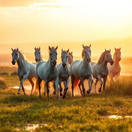 Chevaux sauvages galopant dans les marais de Camargue au coucher du soleil.
