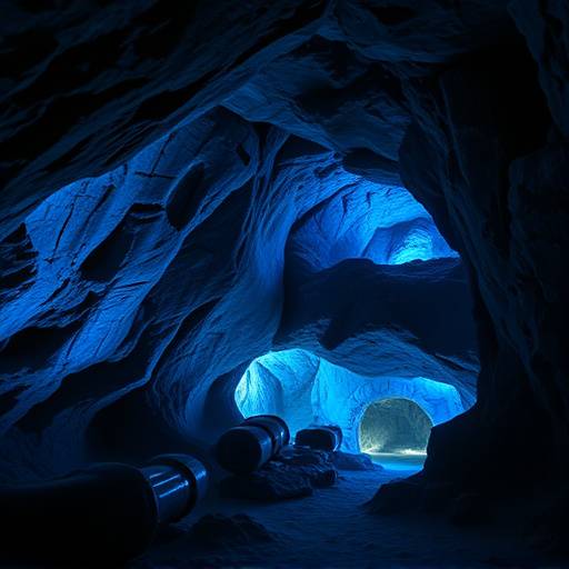 La Mine Bleue : Galerie de mine illumin√©e avec des formations rocheuses bleues brillantes.