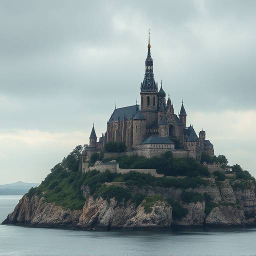 Le Mont-Saint-Michel, une abbaye m√©di√©vale sur une √Æle rocheuse, vue de loin.
