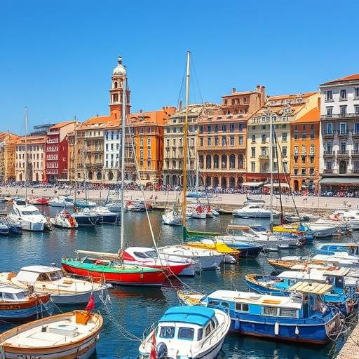 Le Vieux-Port de Marseille anim√© avec des bateaux et des b√¢timents color√©s.