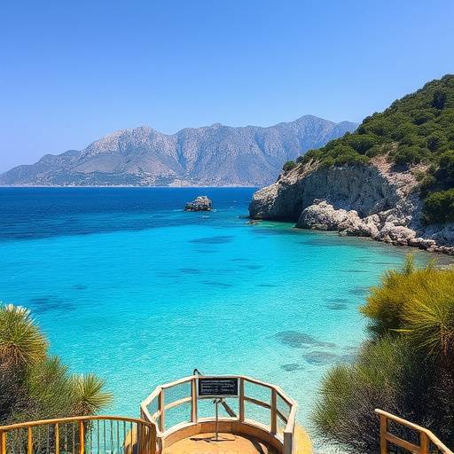 Plage de sable fin en Corse avec des eaux turquoises et des montagnes en arri√®re-plan.