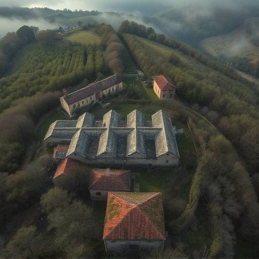 Village de Veyron : Vue a√©rienne d'un village abandonn√© en Dordogne, envahi par la v√©g√©tation.