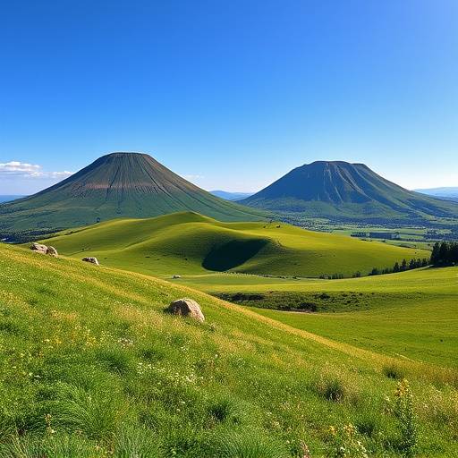 Volcans d'Auvergne avec des prairies verdoyantes et un ciel bleu.